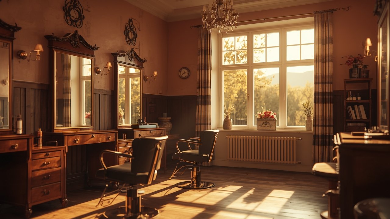 Warmer Friseursalon mit Bordeaux-Wänden, klassischen Spiegeln und Landschaftsblick