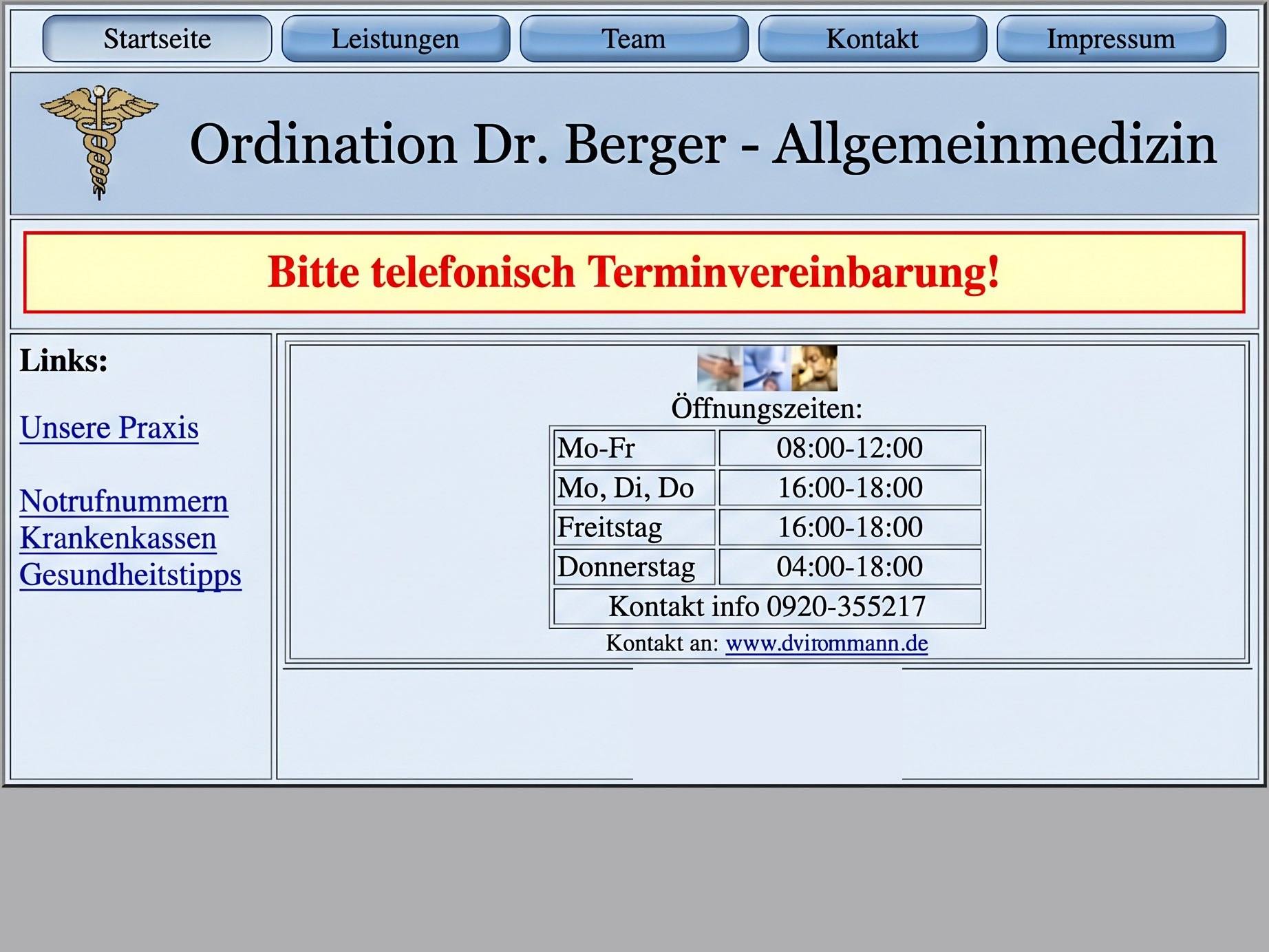 Veraltete Website der fiktiven Ordination (Beispiel)