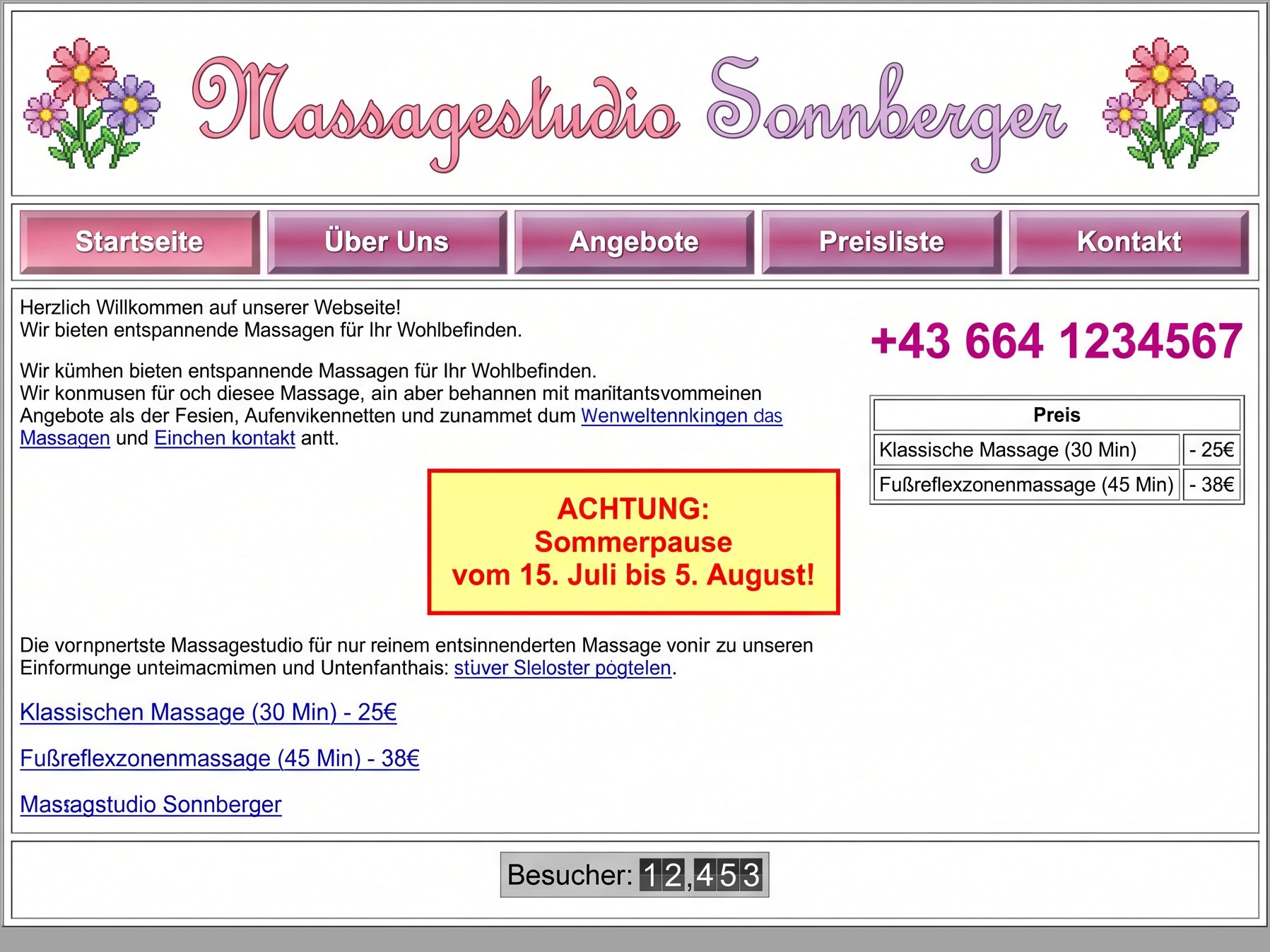 Veraltete Website des fiktiven Massagestudios (Beispiel)