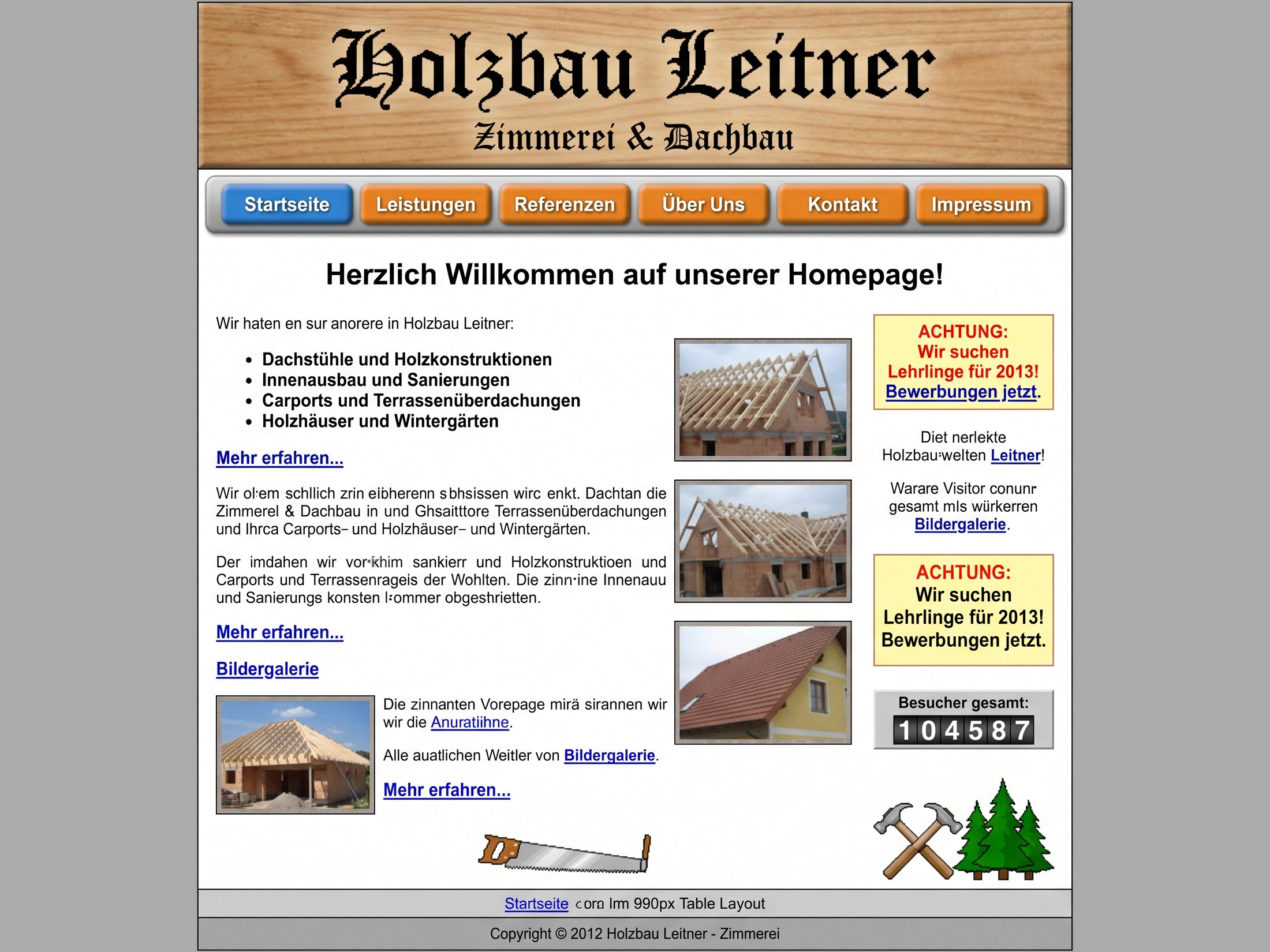 Veraltete Website der fiktiven Zimmerei (Beispiel)