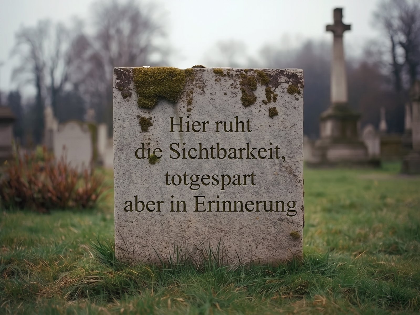 Verwitterter billiger Grabstein mit Moos: Hier ruht die Sichtbarkeit, totgespart aber in Erinnerung