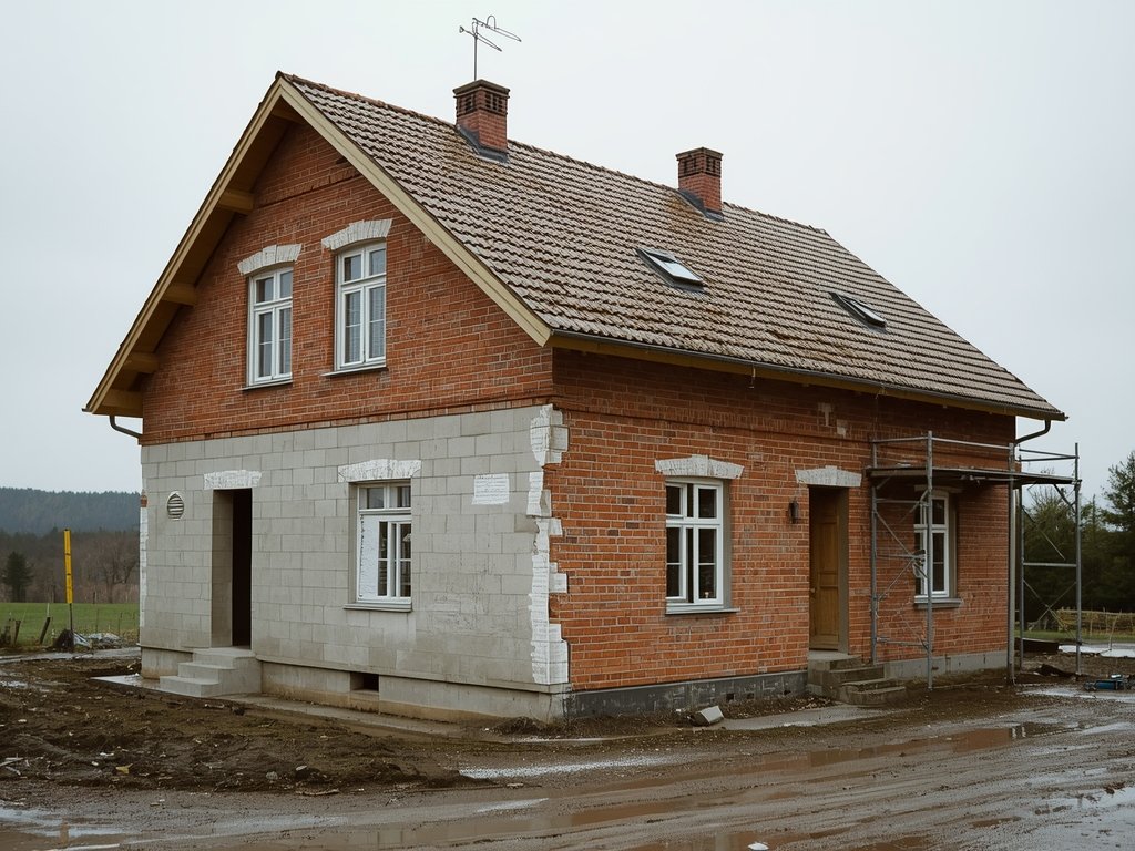 Rohbau eines Hauses mit Ziegelwänden